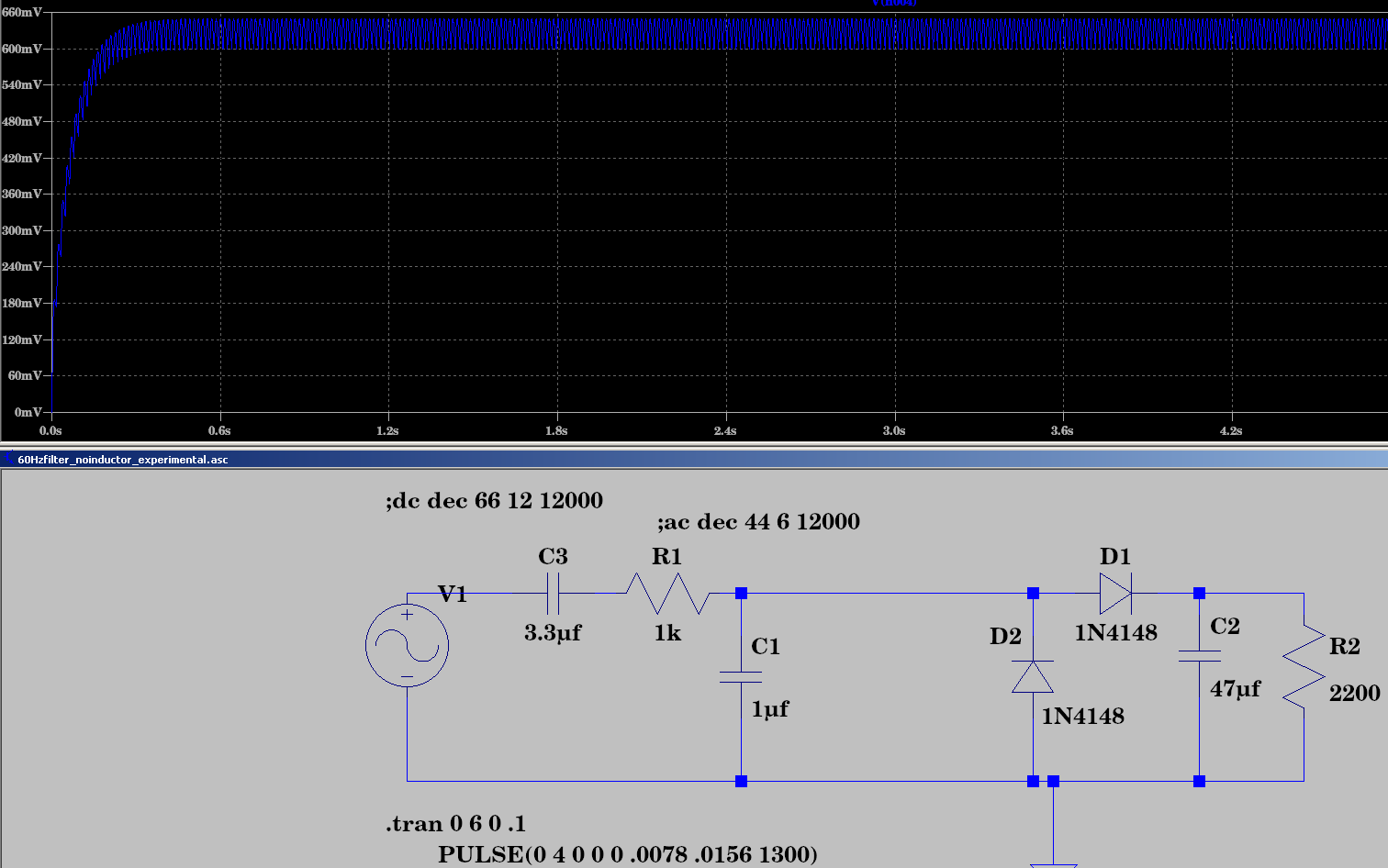 LTspice 60Hz for 1second goes through to Q2 as 0.7vdc.png